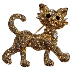 CAT brooch kitty pin rhinestones gold tone cute walking standing